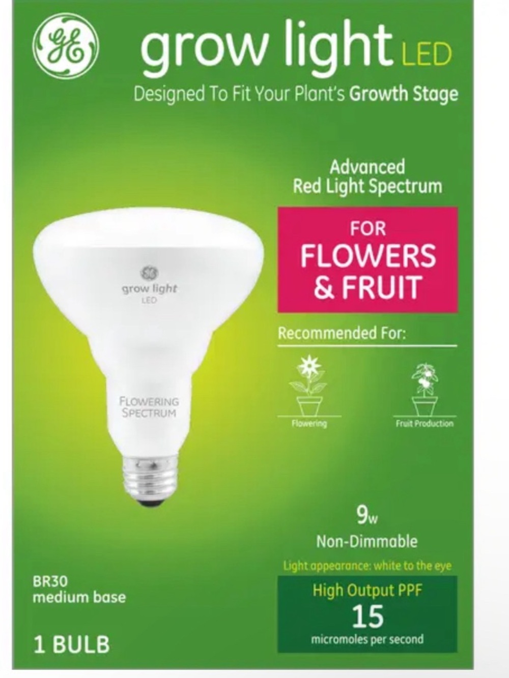 GE Grow Light LED BR30 Bulb — White with Green Packaging